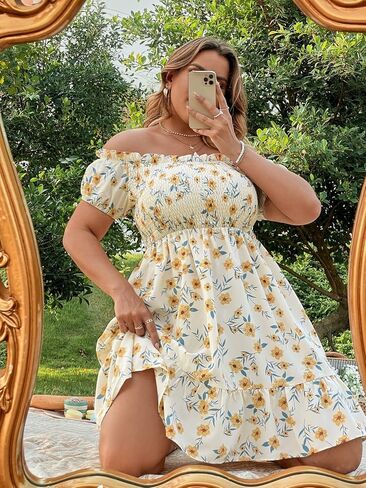 Floerns Women's Plus Size Ruffle Off Shoulder Floral Print Short Summer Dress in Saudi Arabia