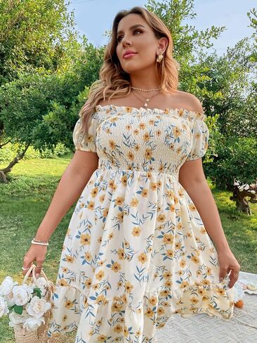 Floerns Women's Plus Size Ruffle Off Shoulder Floral Print Short Summer Dress in Saudi Arabia