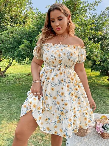 Floerns Women's Plus Size Ruffle Off Shoulder Floral Print Short Summer Dress in Saudi Arabia