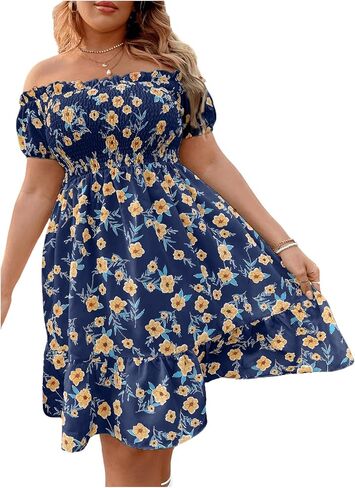 Floerns Women's Plus Size Ruffle Off Shoulder Floral Print Short Summer Dress in Saudi Arabia