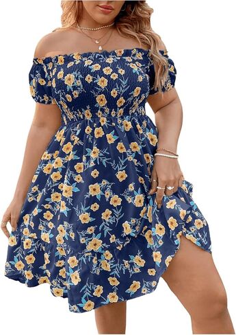 Floerns Women's Plus Size Ruffle Off Shoulder Floral Print Short Summer Dress in Saudi Arabia