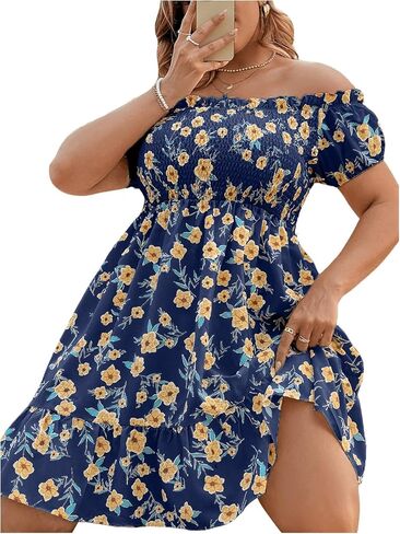 Floerns Women's Plus Size Ruffle Off Shoulder Floral Print Short Summer Dress in Saudi Arabia