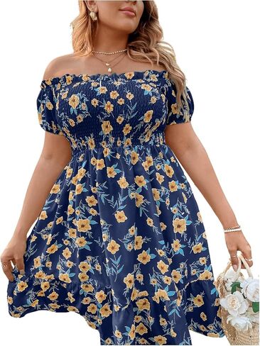 Floerns Women's Plus Size Ruffle Off Shoulder Floral Print Short Summer Dress in Saudi Arabia
