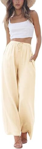 سراويل الكتان النسائية الصيفية بالازو سراويل واسعة الساق للشاطئ مع جيوب in Kuwait