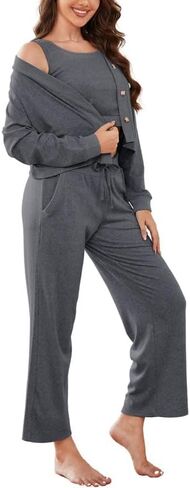 HEARTNICE Women's 3 Piece Knit Long Sleeve Loungewear Sets Cardigan Sleeveless Top Wide Leg Pants Pajamas Set in Saudi Arabia