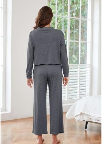 HEARTNICE Women's 3 Piece Knit Long Sleeve Loungewear Sets Cardigan Sleeveless Top Wide Leg Pants Pajamas Set in Saudi Arabia
