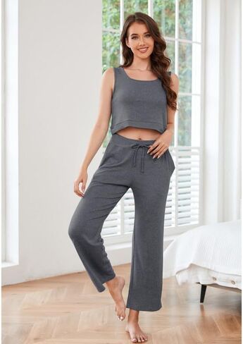 HEARTNICE Women's 3 Piece Knit Long Sleeve Loungewear Sets Cardigan Sleeveless Top Wide Leg Pants Pajamas Set in Saudi Arabia