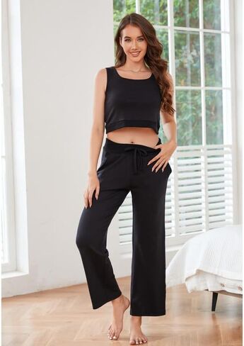 HEARTNICE Women's 3 Piece Knit Long Sleeve Loungewear Sets Cardigan Sleeveless Top Wide Leg Pants Pajamas Set in Saudi Arabia