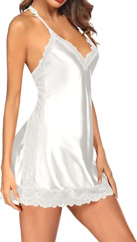 Vrtige Women's Sexy Satin Nightdress Lingerie Lace Nightwear V Neck Chemise Nightgown in Kuwait