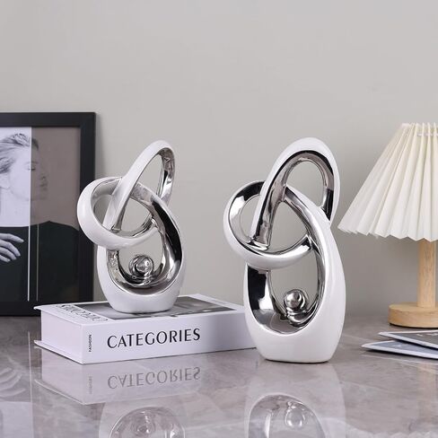 White and Silver Decor Desk Sculpture Home Decor Large, Abstract Modern Art Silver Knot Knick Knacks for Shelves, Coffee Table Dining Table, Mantle Cabinet TV Stand Christmas Centerpiece in Saudi Arabia
