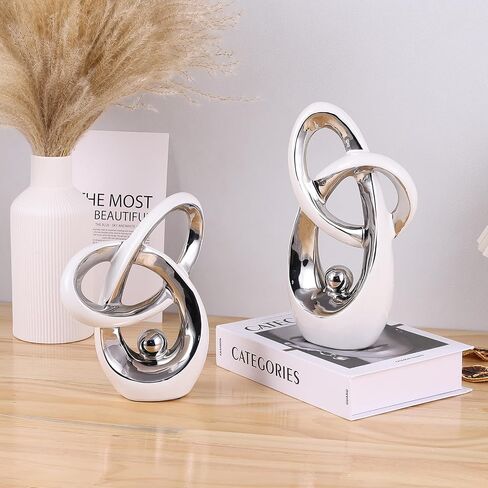 White and Silver Decor Desk Sculpture Home Decor Large, Abstract Modern Art Silver Knot Knick Knacks for Shelves, Coffee Table Dining Table, Mantle Cabinet TV Stand Christmas Centerpiece in Saudi Arabia