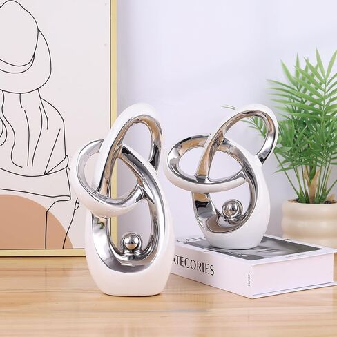 White and Silver Decor Desk Sculpture Home Decor Large, Abstract Modern Art Silver Knot Knick Knacks for Shelves, Coffee Table Dining Table, Mantle Cabinet TV Stand Christmas Centerpiece in Saudi Arabia