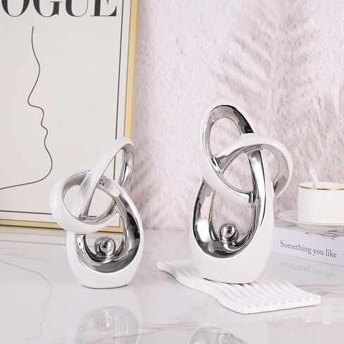 White and Silver Decor Desk Sculpture Home Decor Large, Abstract Modern Art Silver Knot Knick Knacks for Shelves, Coffee Table Dining Table, Mantle Cabinet TV Stand Christmas Centerpiece in Saudi Arabia