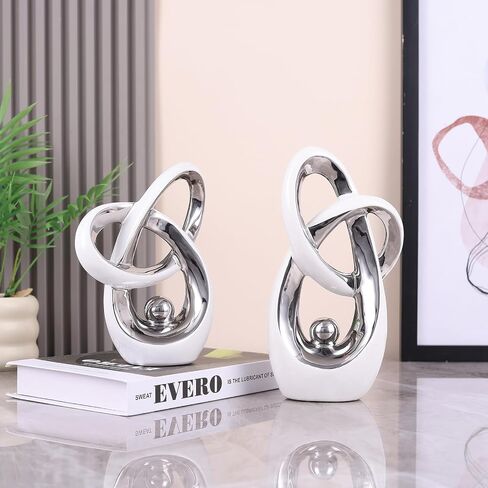 White and Silver Decor Desk Sculpture Home Decor Large, Abstract Modern Art Silver Knot Knick Knacks for Shelves, Coffee Table Dining Table, Mantle Cabinet TV Stand Christmas Centerpiece in Saudi Arabia