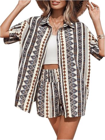 MakeMeChic Women's 2 Piece Outfit Geo Pattern Short Sleeve Button Down Shirts and Shirred Shorts Boho Sets in Saudi Arabia