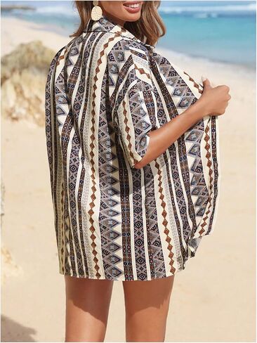 MakeMeChic Women's 2 Piece Outfit Geo Pattern Short Sleeve Button Down Shirts and Shirred Shorts Boho Sets in Saudi Arabia