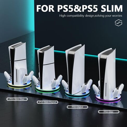 حامل رأسي لوحدات التحكم PS5/PS5 Slim/PS5 Pro مع محطة شاحن وحدة تحكم مزدوجة، 7 مصابيح RGB، أسود in Saudi Arabia