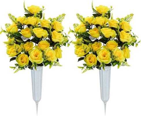 XONOR Artificial Cemetery Flowers with Vase, Set of 2 Artificial Rose Bouquet Graveyard Memorial Flowers for Cemetery Headstones Decoration (Yellow-2Pcs) in Kuwait