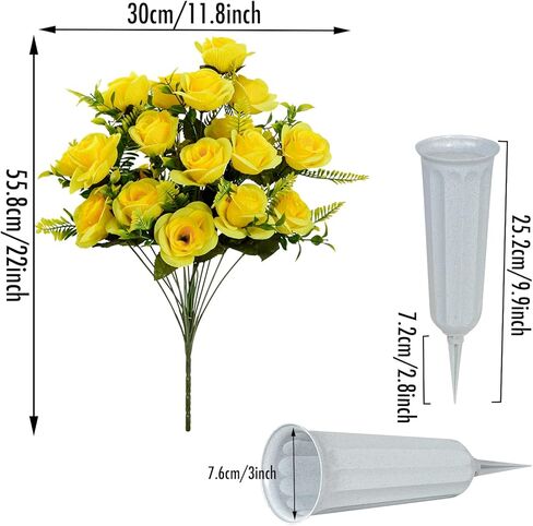 XONOR Artificial Cemetery Flowers with Vase, Set of 2 Artificial Rose Bouquet Graveyard Memorial Flowers for Cemetery Headstones Decoration (Yellow-2Pcs) in Kuwait