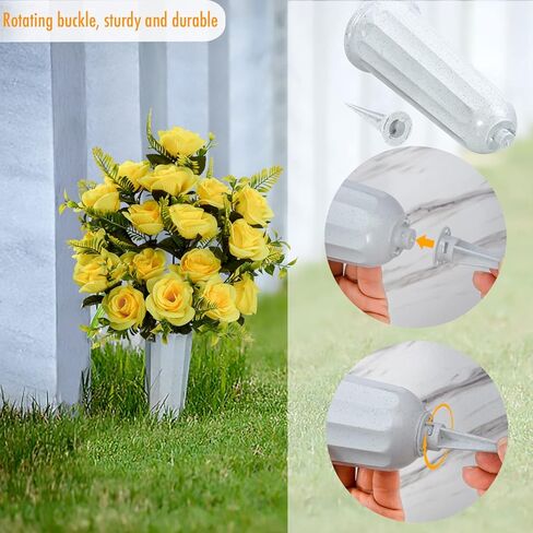XONOR Artificial Cemetery Flowers with Vase, Set of 2 Artificial Rose Bouquet Graveyard Memorial Flowers for Cemetery Headstones Decoration (Yellow-2Pcs) in Kuwait