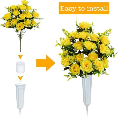 XONOR Artificial Cemetery Flowers with Vase, Set of 2 Artificial Rose Bouquet Graveyard Memorial Flowers for Cemetery Headstones Decoration (Yellow-2Pcs) in Kuwait