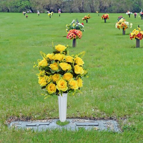 XONOR Artificial Cemetery Flowers with Vase, Set of 2 Artificial Rose Bouquet Graveyard Memorial Flowers for Cemetery Headstones Decoration (Yellow-2Pcs) in Kuwait