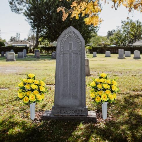 XONOR Artificial Cemetery Flowers with Vase, Set of 2 Artificial Rose Bouquet Graveyard Memorial Flowers for Cemetery Headstones Decoration (Yellow-2Pcs) in Kuwait