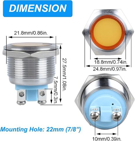 2Pcs 16mm 12V-24V 15mA Energy Saving LED Indicator Waterproof IP67 Metal Signal Light Pilot Dash Lamp 0.63" Mounting Hole for Car Truck Boat (Red) in Kuwait