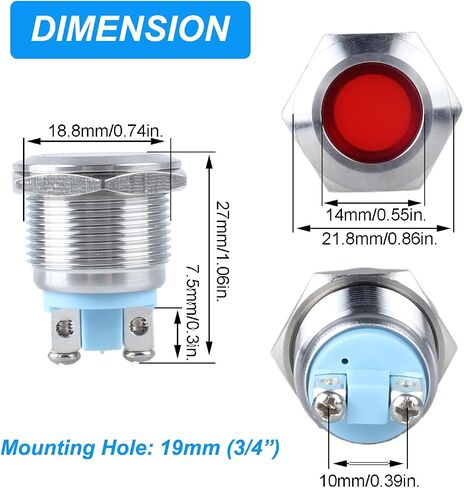 2Pcs 16mm 12V-24V 15mA Energy Saving LED Indicator Waterproof IP67 Metal Signal Light Pilot Dash Lamp 0.63" Mounting Hole for Car Truck Boat (Red) in Kuwait