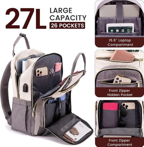 LOVEVOOK Laptop Backpack for Women, 15.6 Inch Travel Anti-theft Laptop Bag, Fashion Work Business Backpacks Purse, Warterproof Teacher Nurse Computer Professor Daypack, Beige-Black in Saudi Arabia
