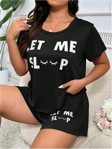 SOLY HUX Women's Plus Size Pajama Set Letter Print Short Sleeve Tee and Shorts Lounge Sleepwear in Saudi Arabia