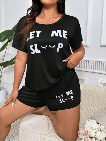 SOLY HUX Women's Plus Size Pajama Set Letter Print Short Sleeve Tee and Shorts Lounge Sleepwear in Saudi Arabia