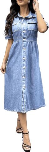 Womens Short Sleeve Casual Denim Dress Button Down A-Line Loose Tiered Jean Shirt Midi Dresses in Saudi Arabia