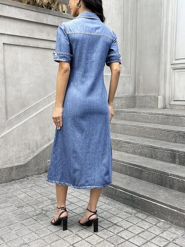 Womens Short Sleeve Casual Denim Dress Button Down A-Line Loose Tiered Jean Shirt Midi Dresses in Saudi Arabia