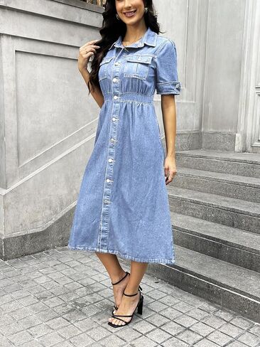 Womens Short Sleeve Casual Denim Dress Button Down A-Line Loose Tiered Jean Shirt Midi Dresses in Saudi Arabia