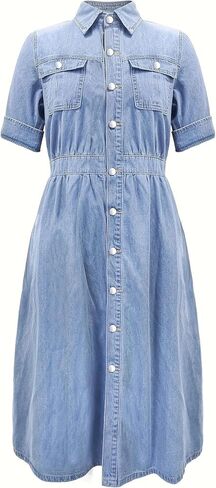 Womens Short Sleeve Casual Denim Dress Button Down A-Line Loose Tiered Jean Shirt Midi Dresses in Saudi Arabia