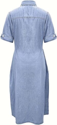 Womens Short Sleeve Casual Denim Dress Button Down A-Line Loose Tiered Jean Shirt Midi Dresses in Saudi Arabia