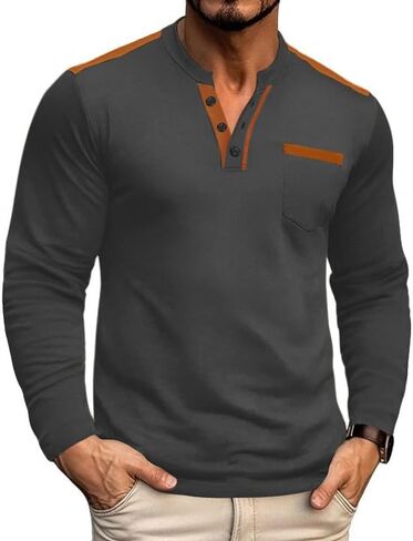 قمصان Henley للرجال كاجوال أساسية بأكمام طويلة وأزرار تي شيرت خفيف الوزن مع جيب in Kuwait