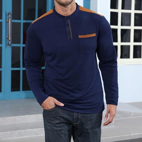 Mens Henley Shirts Casual Basic Long Sleeve Button T-Shirt Lightweight Pullover Tees Tops with Pocket in Saudi Arabia