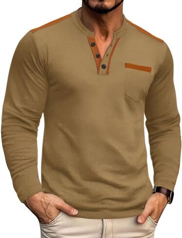Mens Henley Shirts Casual Basic Long Sleeve Button T-Shirt Lightweight Pullover Tees Tops with Pocket in Saudi Arabia
