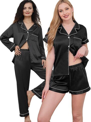 5Pcs Womens Satin Pajamas Set Silk Pajama Pjs XS-2XL Silky Pj Sets Button Down Sleepwear Nightwear Loungewear in Kuwait
