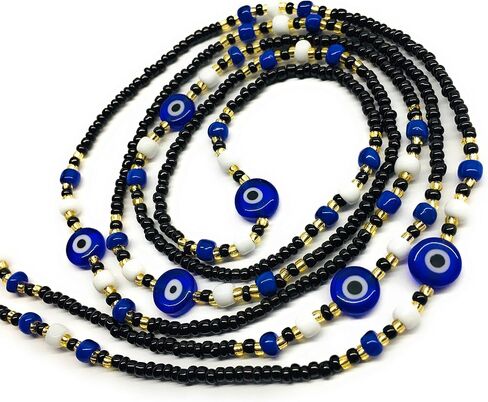Tie on Waist beads, 43 inches Belly Bead, Evil Eye Belly Chains, Waistbead Choose Color, African Waist Chain, Bellybead (Gold & Royal blue) in Saudi Arabia