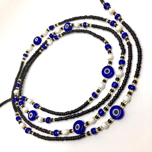 Tie on Waist beads, 43 inches Belly Bead, Evil Eye Belly Chains, Waistbead Choose Color, African Waist Chain, Bellybead (Gold & Royal blue) in Saudi Arabia
