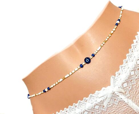 Tie on Waist beads, 43 inches Belly Bead, Evil Eye Belly Chains, Waistbead Choose Color, African Waist Chain, Bellybead (Gold & Royal blue) in Saudi Arabia