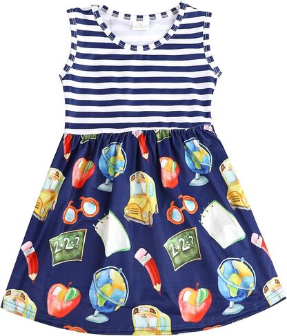 فستان فتاة صغيرة للعودة إلى المدرسة فستان بطبعة حافلة مدرسية ملابس صيفية 3-8T in Kuwait