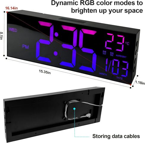 16" Large led Digital Wall Clocks Display with Remote Control Temperature Digital Calendar Auto DST Dual Alarm Clocks for bedrooms Classroom Living Room Wall Decor, 8 RGB Colors in Saudi Arabia