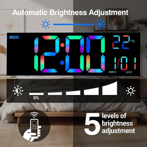 16" Large led Digital Wall Clocks Display with Remote Control Temperature Digital Calendar Auto DST Dual Alarm Clocks for bedrooms Classroom Living Room Wall Decor, 8 RGB Colors in Saudi Arabia
