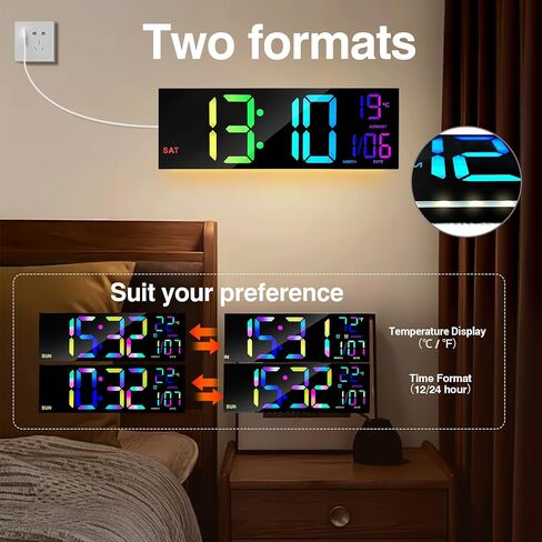 16" Large led Digital Wall Clocks Display with Remote Control Temperature Digital Calendar Auto DST Dual Alarm Clocks for bedrooms Classroom Living Room Wall Decor, 8 RGB Colors in Saudi Arabia