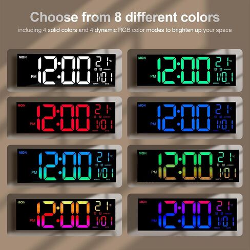 16" Large led Digital Wall Clocks Display with Remote Control Temperature Digital Calendar Auto DST Dual Alarm Clocks for bedrooms Classroom Living Room Wall Decor, 8 RGB Colors in Saudi Arabia