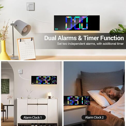 16" Large led Digital Wall Clocks Display with Remote Control Temperature Digital Calendar Auto DST Dual Alarm Clocks for bedrooms Classroom Living Room Wall Decor, 8 RGB Colors in Saudi Arabia